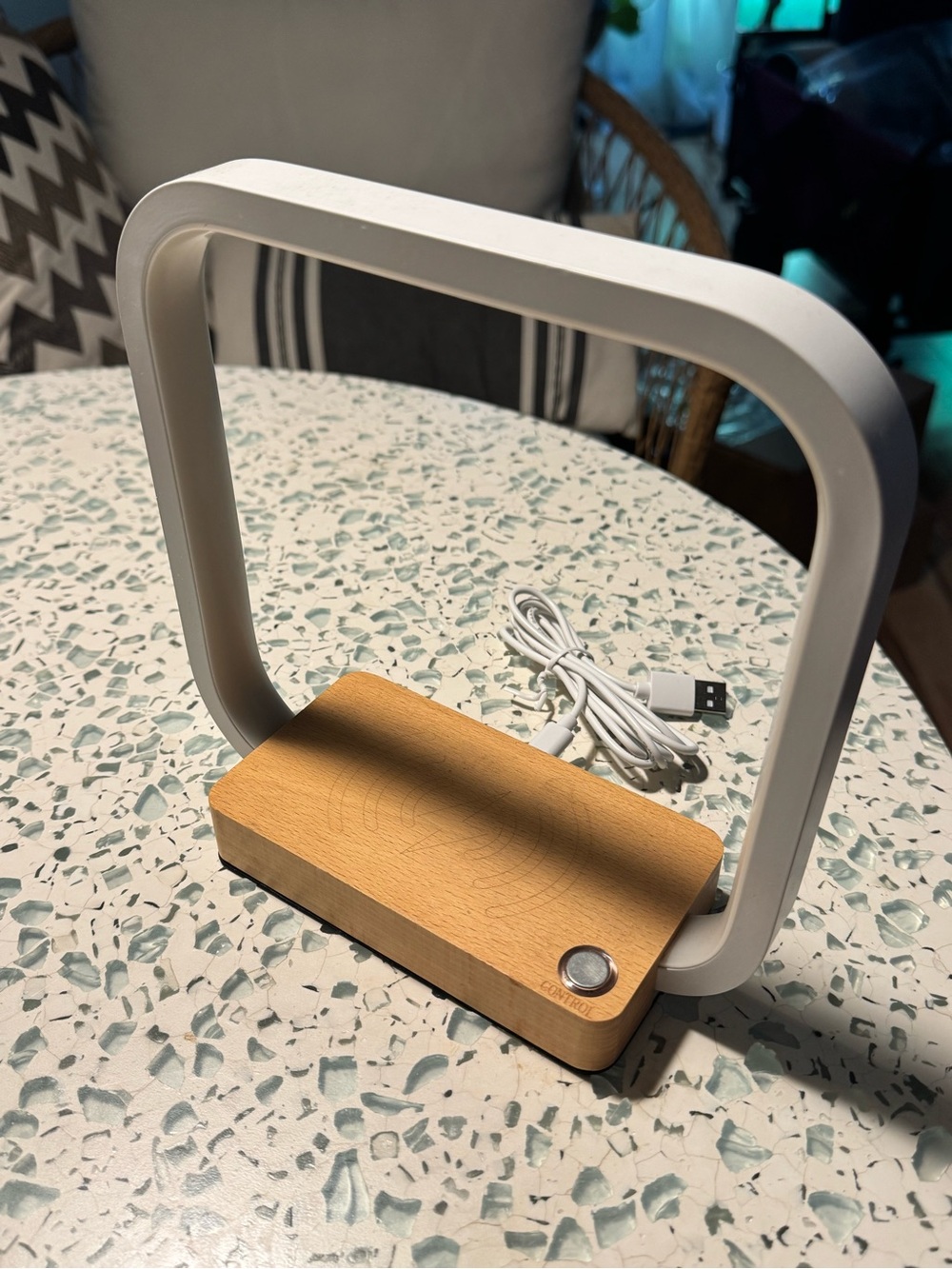 White LED Table Lamp with wireless charging Wood Base - Modern Home Accent